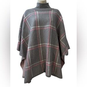 Max Studio Women’s Gray Plaid Poncho One Size - Cozy Turtleneck Cape Wrap